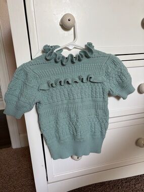 Girls 2T Ruffled Knit Short Sleeve Sweater - Sage Green- Janie and Jack